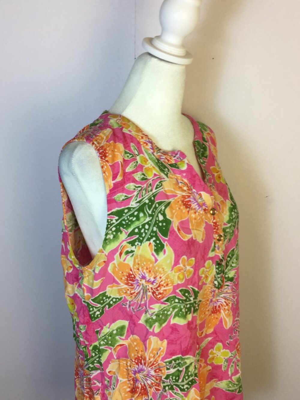 Caribbean Joe Shirt Blouse Size L Womans Pink Floral Sleeveless Hawaiian Beach - Picture 13 of 14